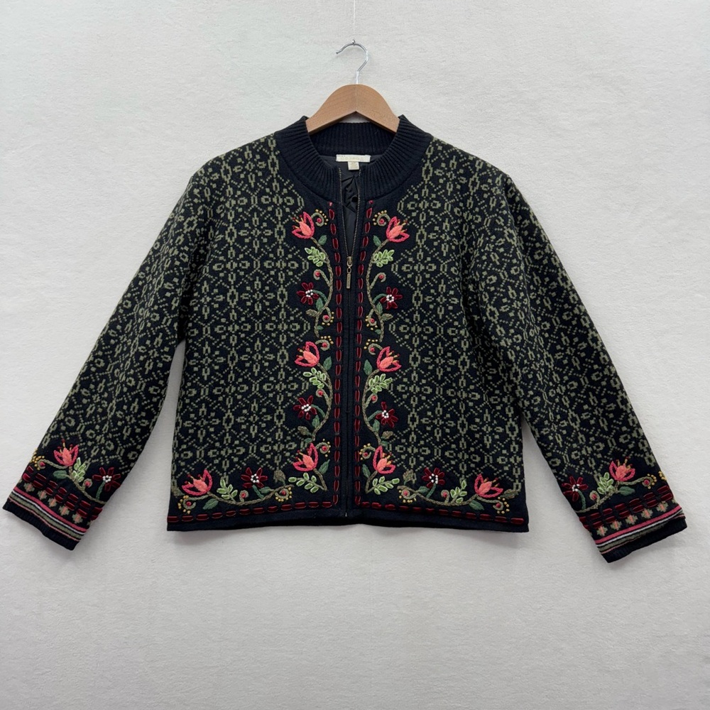 Carson Sweater Women’s Small Black Embroidered Floral Full Zip Lined Jacket Wool